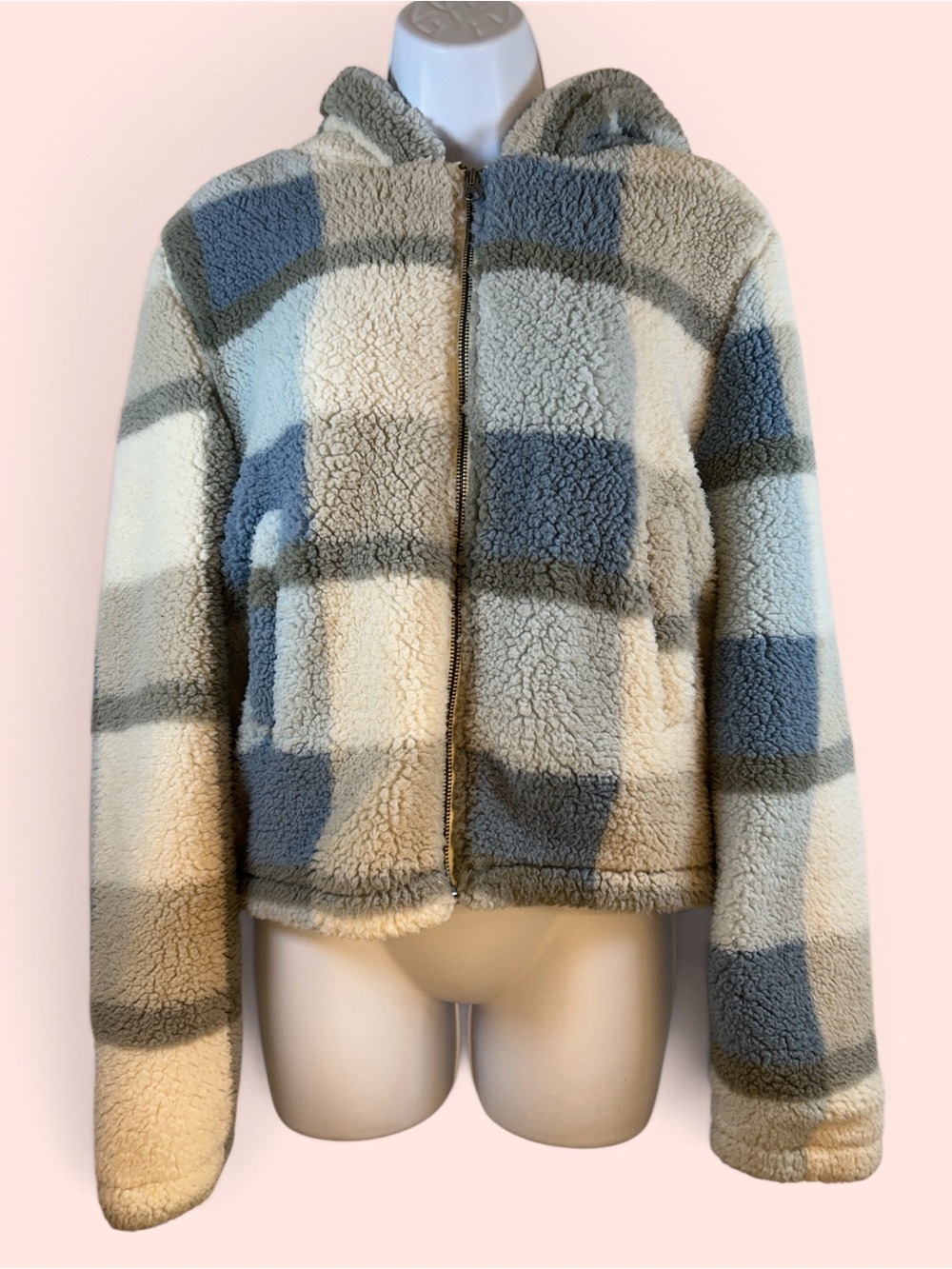Reflex Women’s Size M Blue/Gray/Cream Plaid Teddy Sherpa Hooded Zip-Front Jacket